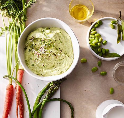 Edamame Dip edamame dip in a bowl with vegetables