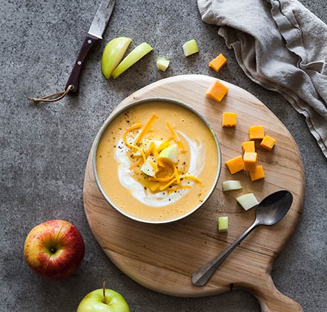 Harvest Cheddar Soup harvest cheddar soup on a platter with apples