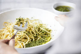 Mushroom Tofu Pasta Sauce basil walnut pesto on pasta